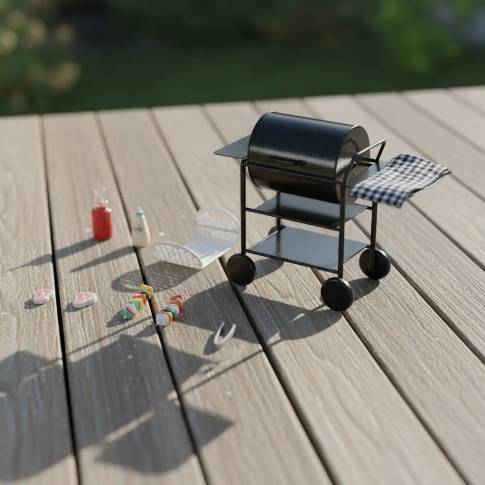 

Miniature BBQ Grill Set Includes Food Accessories Dollhouse Barbecue Cart Miniature Grill Model with Wheels for Collectors