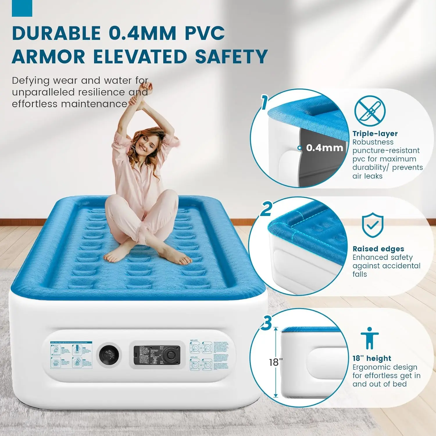 Twin Air Mattress With Built In Pump Raised Bed, 18'' High Single Blow Up Mattress, Durable Self Inflating Air Bed With Flocked