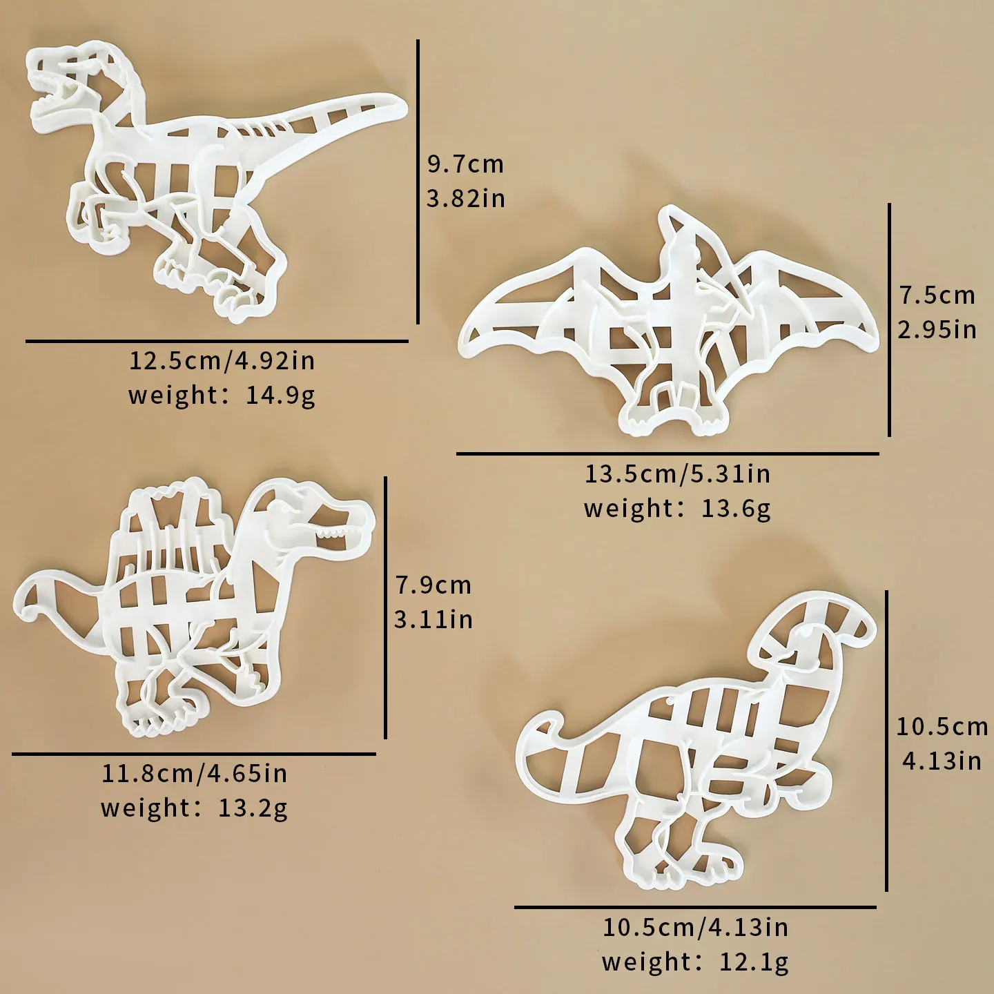 4 Pcs Dinosaur Cookie Cutter 3D Parasaurolophus Spinosaurus Dinosaur Shape Baking Molds for Christmas, Kids Birthday Party Decor