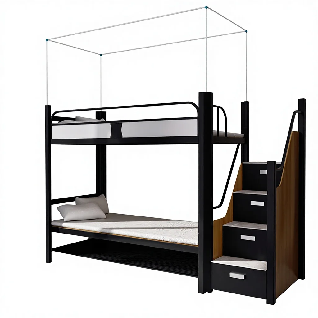 dl-Industrial Modern Design Steel Full Bunk Bed Storage Drawers Stairs Heavy Metal for Two Adults for Bedroom Home Hostel Dorms#