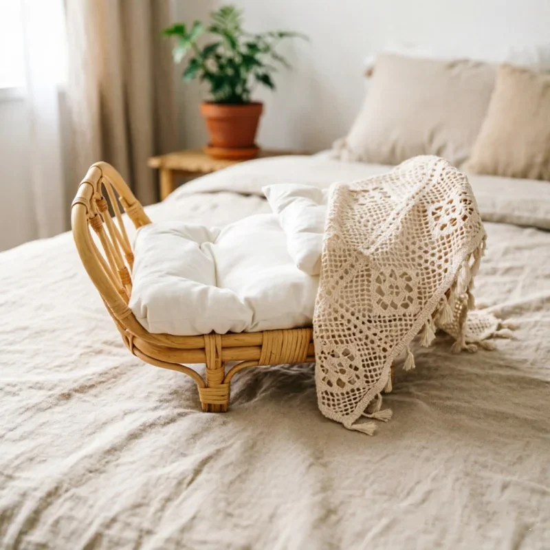 Natural Handcrafted Rattan Posing Bed Retro Woven Cane Prop Indoor Studio Portrait Photoshoot Scene Layout Furnishing Accessory