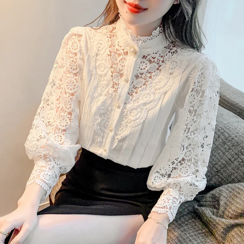 Spring Sweet Hollow Out Lace Patchwork Blouse Autumn Button White Top Women Blusas Petal Sleeve Flower Stand Collar Shirt 12419