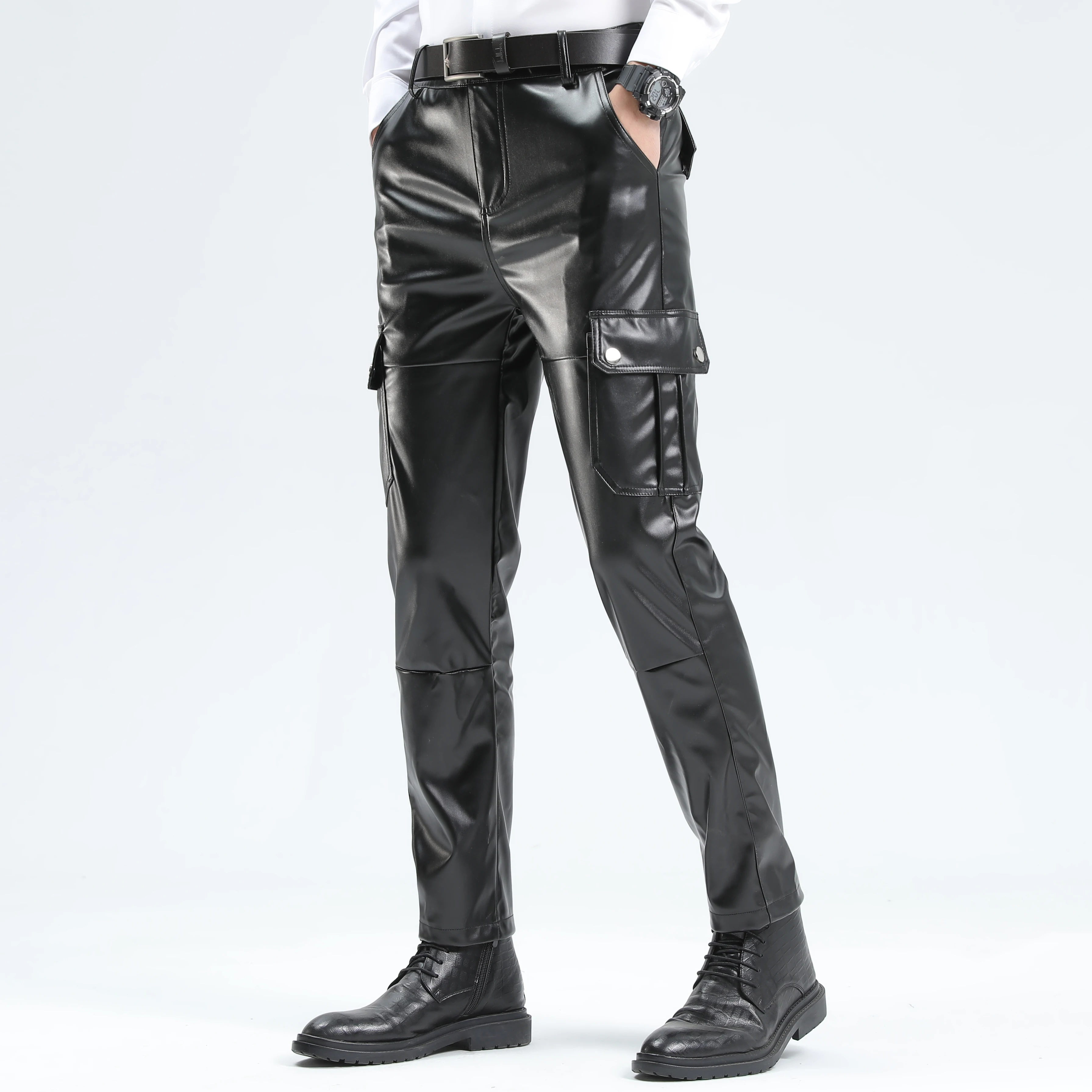 Men Leather Pants Superior Quality Elastic Male Fashion Motorcycle Faux Leather Trousers Rock Streetwear Pockets