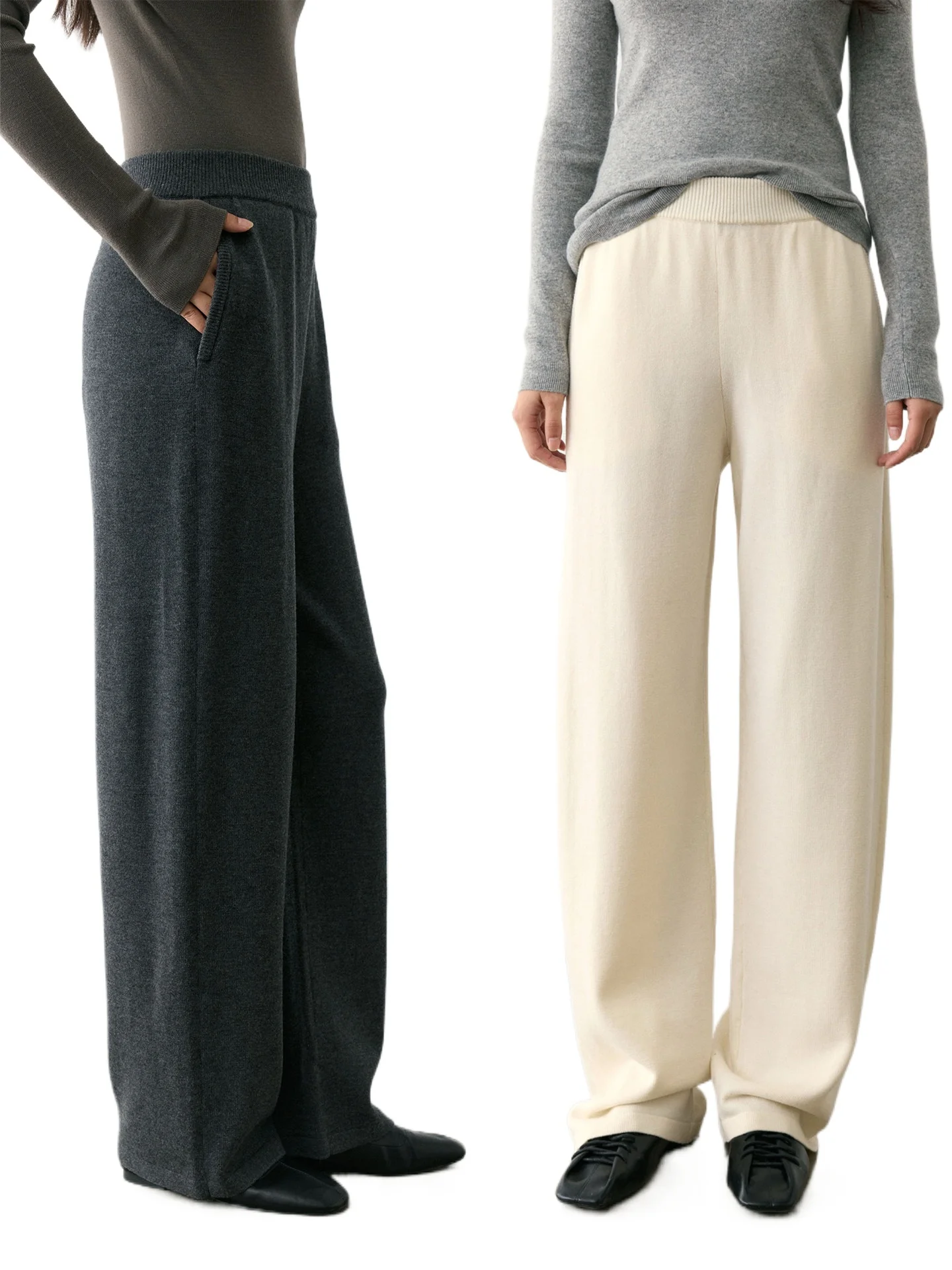 Heavy 4-thread dense-woven mercerized all-wool _ thin Baida loose straight wide-leg knitted pants