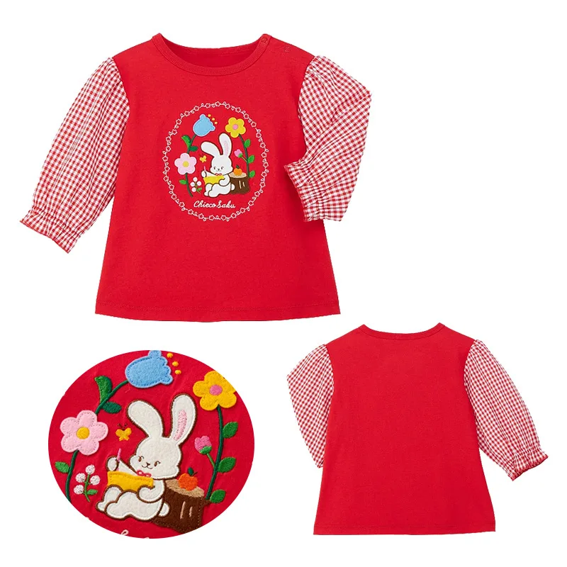 

2025 New Cotton Cute Baby Top Spring and Autumn New Boys and Girls Cartoon Bear Rabbit Red Splicing Grid Long Sleeve T-shirt