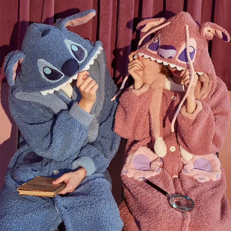 Cartoon Disney Stitch Couple Pajamas Coral Fleece Hooded Long Sleeve Couple  Pajamas Winter Men's/Women's Loungewear Pajamas