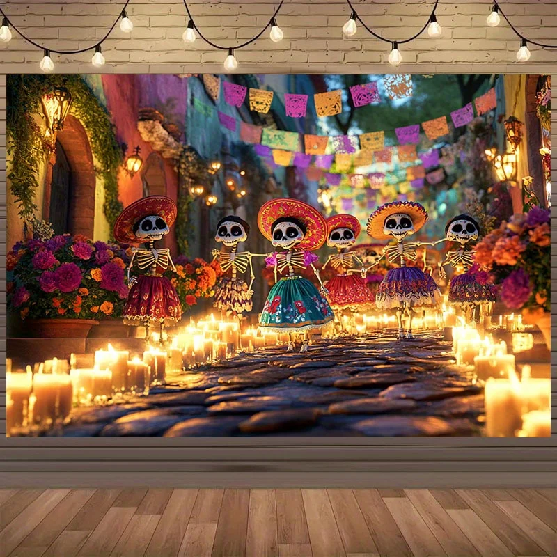1-teiliger Polyester-Hintergrundstoff „Day of the Dead“ – Mexican Day of the Dead Skeleton Dancer, Festival-Dekoration
