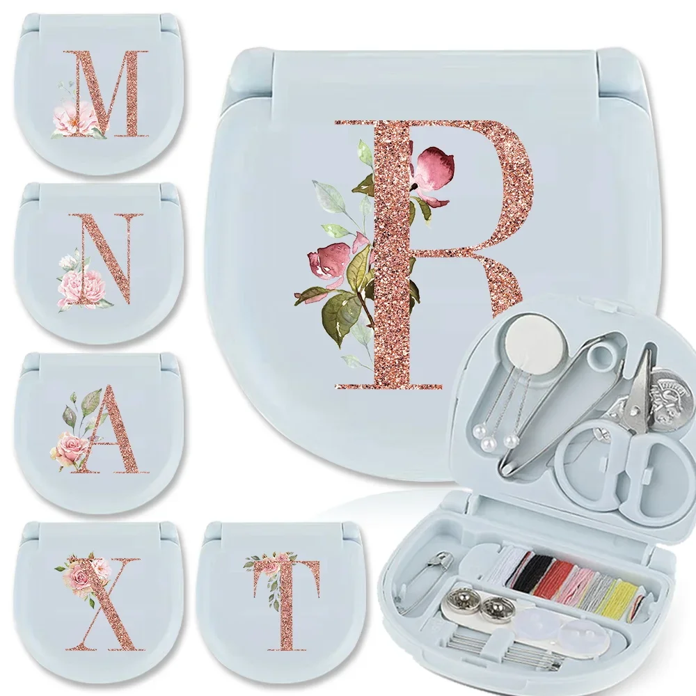 Portable Sewing Kit Compartment Needle Thread Storage Box Multifunction Scissors Bag For Household Rose Gold Letter Pattern