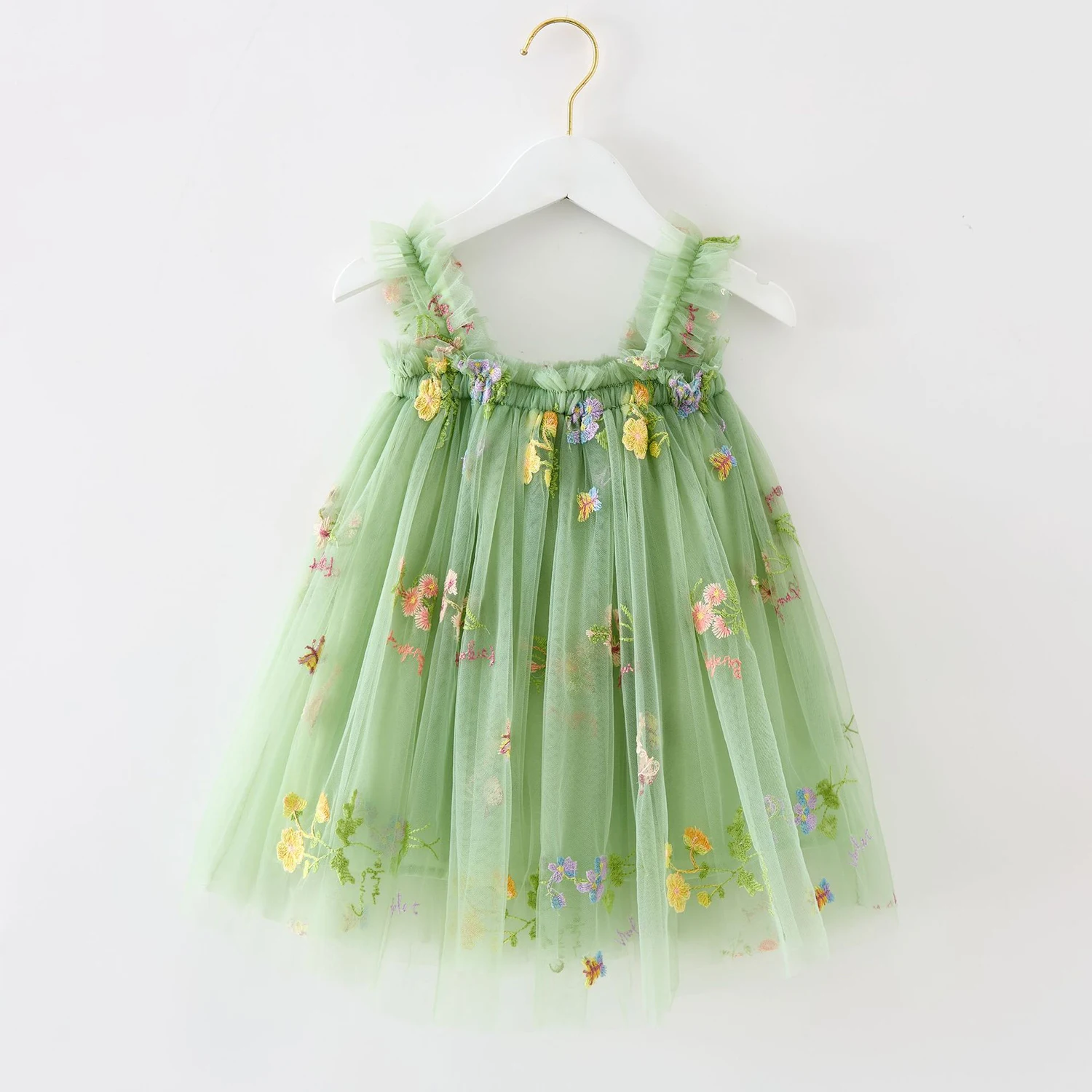 New Summer Baby Girls Dress Vintage Floral Mesh Tutu Princess Dress Birthday Party Strap Dress for 1-5Y Toddler Kids Clothes