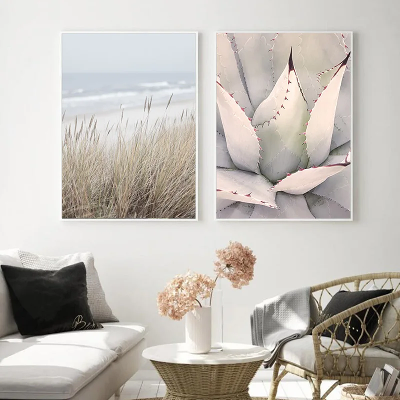 Wall Art Print Picture Nordic Cactus Reed Grass Sea View Plants Fowers Canvas Painting Poster Living Room Decor