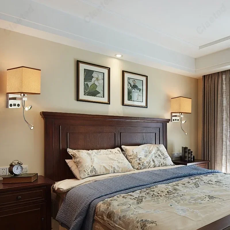 LED Fabric Lampshade E27 with Switch Wall Light USB Charging Port Adjustable Angle Hose Spotlight Bedroom Bedside Reading Light