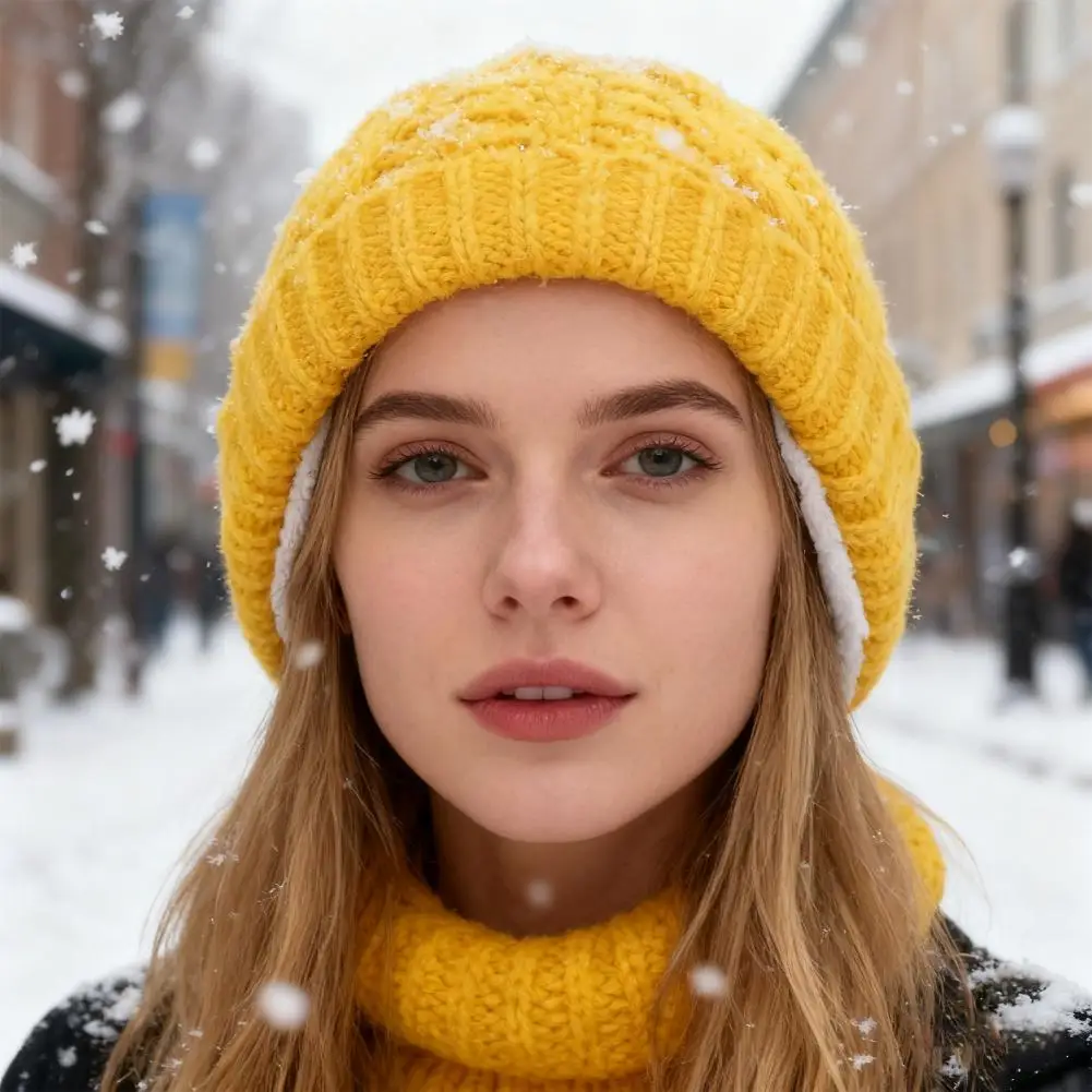 Women Knitting Hat Solid Color Ear Protection Casual Hat Thickened Warm Satin Lining Pile Hat Winter Outdoor Riding Headgear