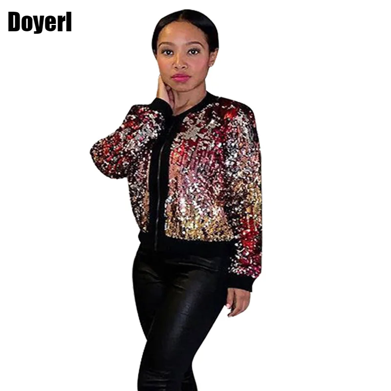 Autumn Winter Sequin Coat Bomber Jacket Women Outerwear Streetwear Long Sleeve Colorful Glitter Ladies Sparkly Jacket Female