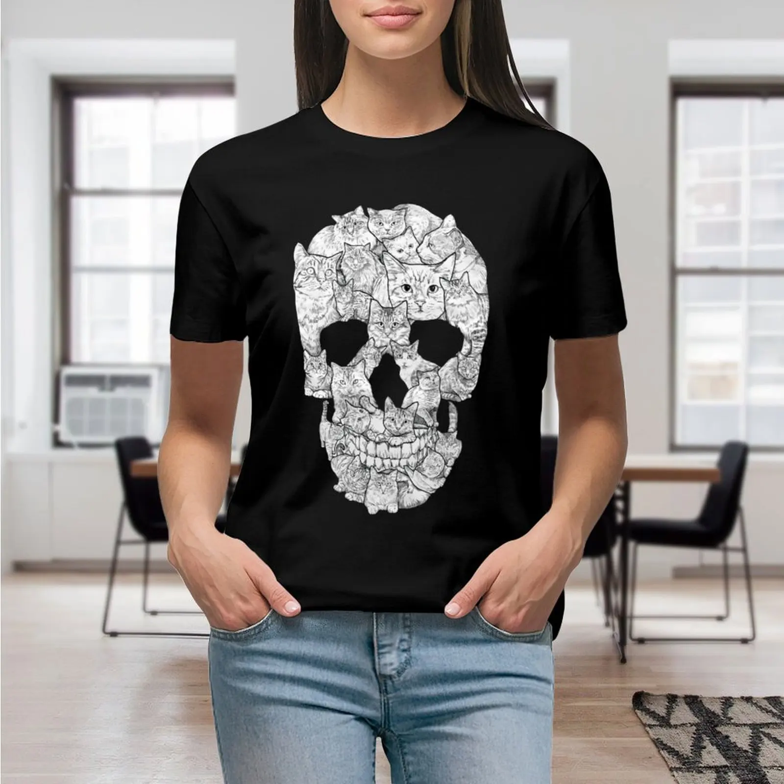 Cat Skull Kitty Skeleton Costume Tarot Premium T Shirt Graphic Shirt Casual Short Sleeved Female Tee T-Shirt Size S-4XL