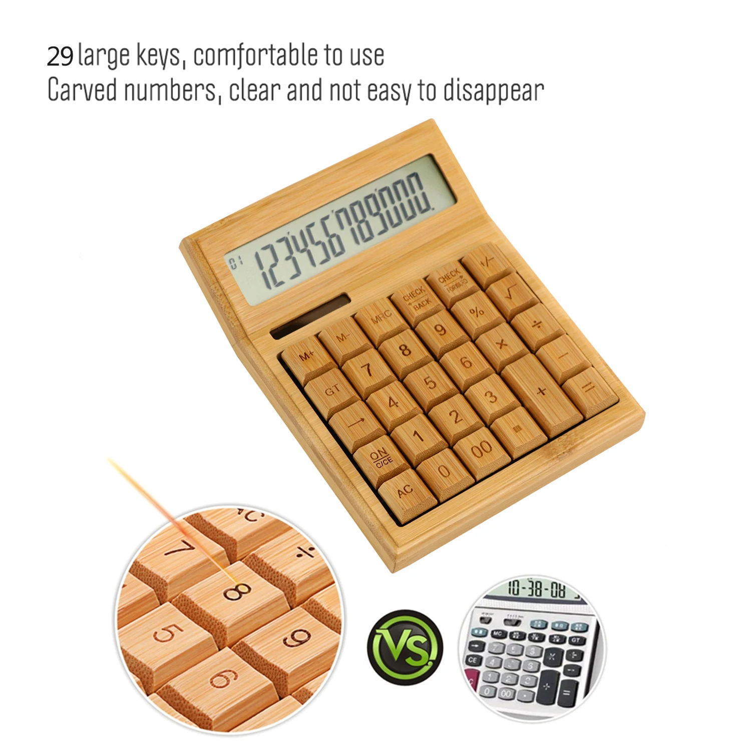 Multifunctional Bamboo Electronic Calculator Counter 12 Digits Solar & Battery Dual Powered for Home Office School Retail Store