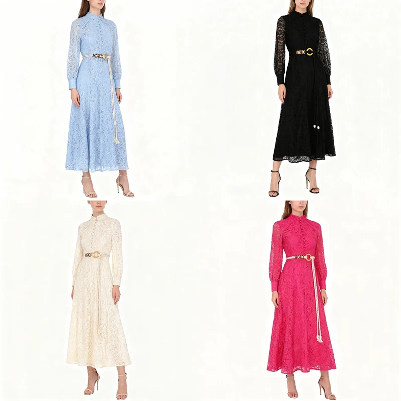 エレ ロングレースドレス ベルト付き ヴィンテージ ハイカラー 通勤 スタイリッシュ ポリエステル繊維 ウェディングドレス ユニバーサルフィット ロングスリーブ