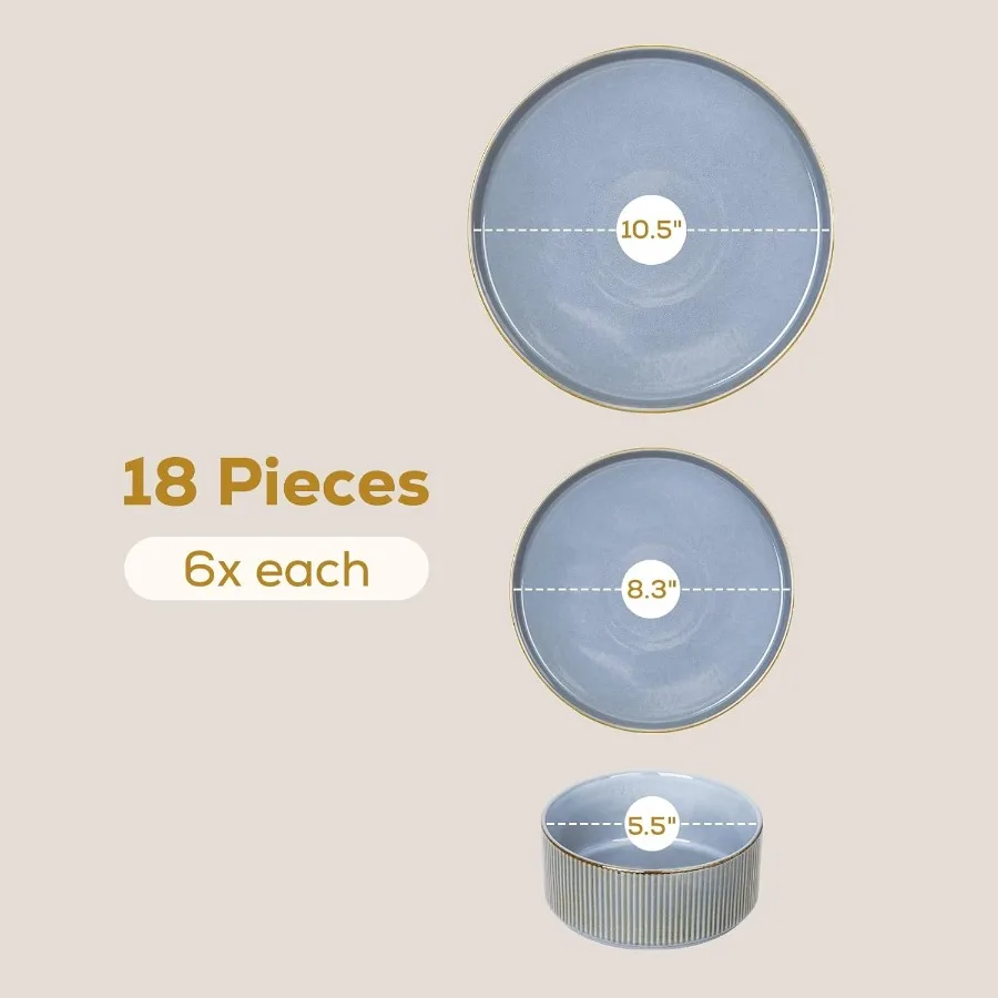 Ceramic 18Pcs Dinnerware Sets for 6 People Stoneware Plates and Bowls Set with Ribbed Design Chip Scratch Resistant Handmade Re