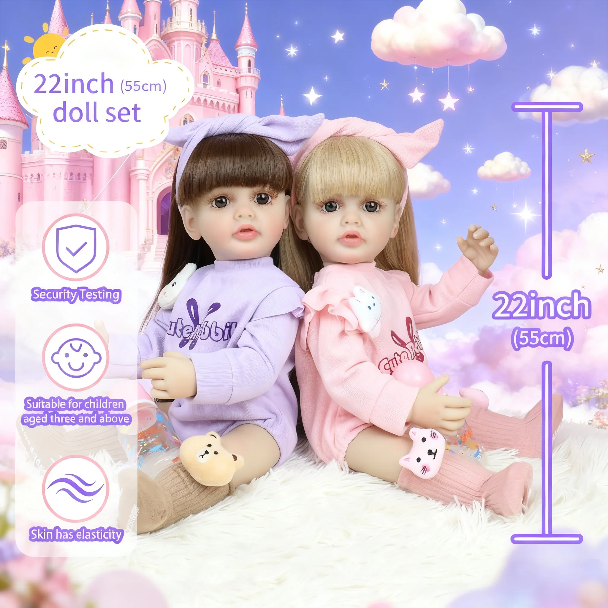 ตุ๊กตาเด็กทารกเบ็ตตี้รีบอร์น 55 ซม. ฝาแฝดเด็กผู้หญิง ตุ๊กตาซิลิโคนไวนิลกันน้ำทั้งตัว เจ้าหญิงผมยาว ของขวัญคริสต์มาส