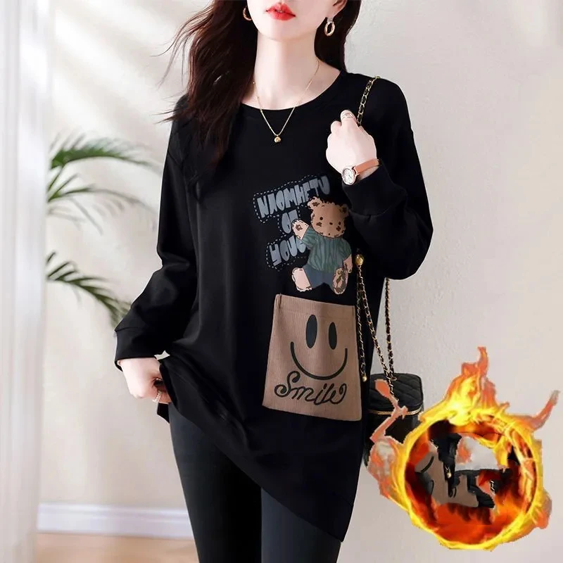 Autumn Winter New Korean Commute Round Neck Printed Spliced Pockets Letter Cartoon Loose Long Sleeve Women\'s Casual Hoodies Tops