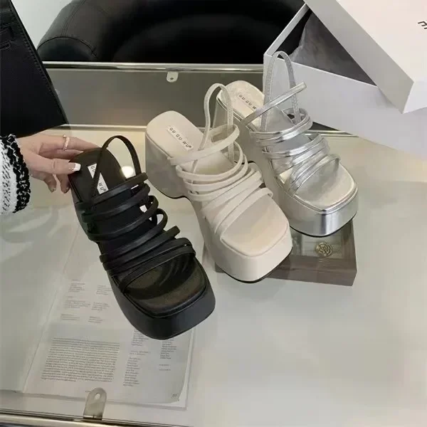 صندل بكعب مكتنز للنساء ، نعال بكعب عالي ، نعل سميك غير رسمي ، أسود ، حزام عصري جديد ، صيف #5