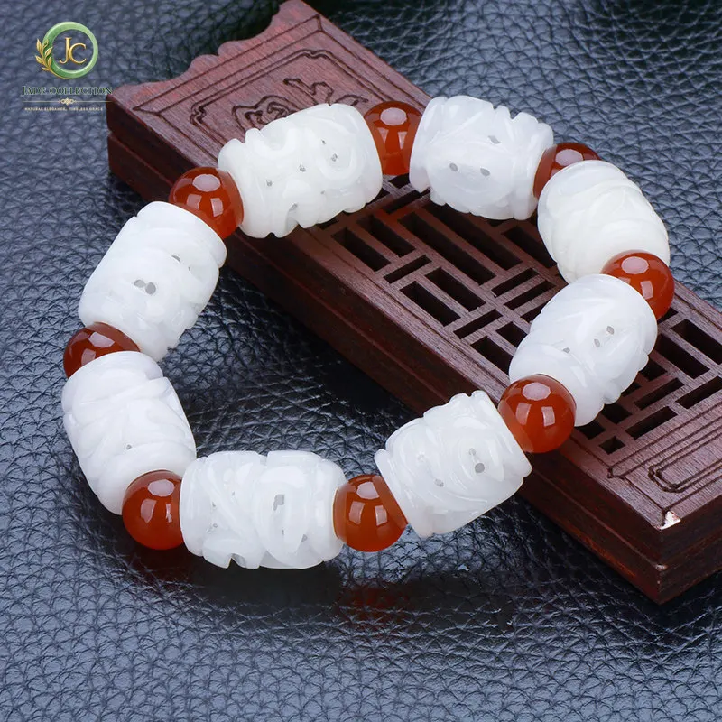 Xinjiang Hetian jade white jade bracelet hollow engraving barrel bead red with bead retro fancy temperament men's and women's br