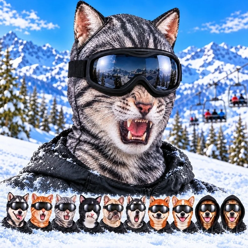 Realistic 3D Print Animal Face Balaclava Windproof Realistic Design Full Face Mask Warm Novelty Print Neck Cover Outdoor Sports