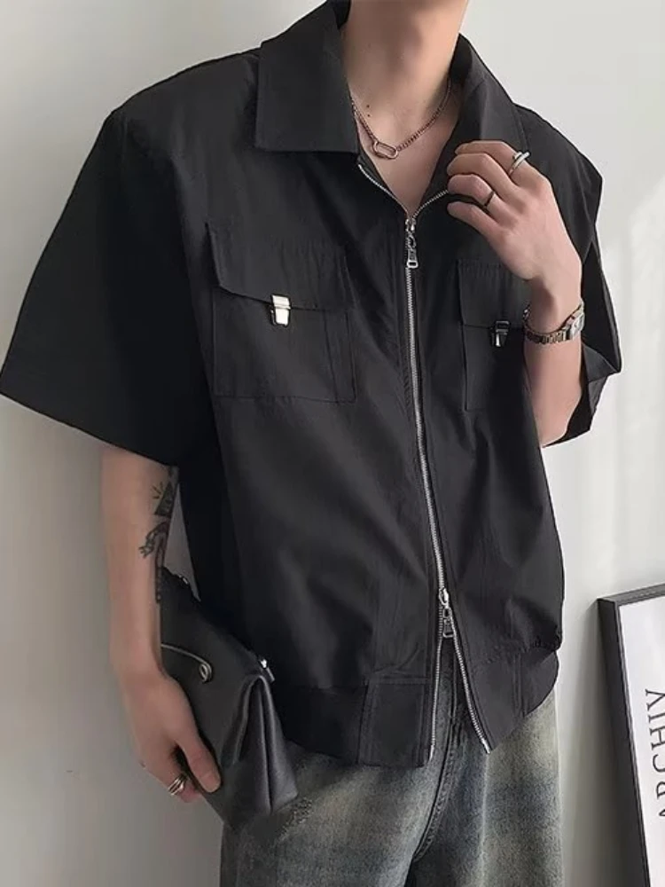Shirts Men Turn-down Collar Advanced Temperament Daily Simple Pockets Handsome Chic Zipper Korean Style Design Streetwear Summer