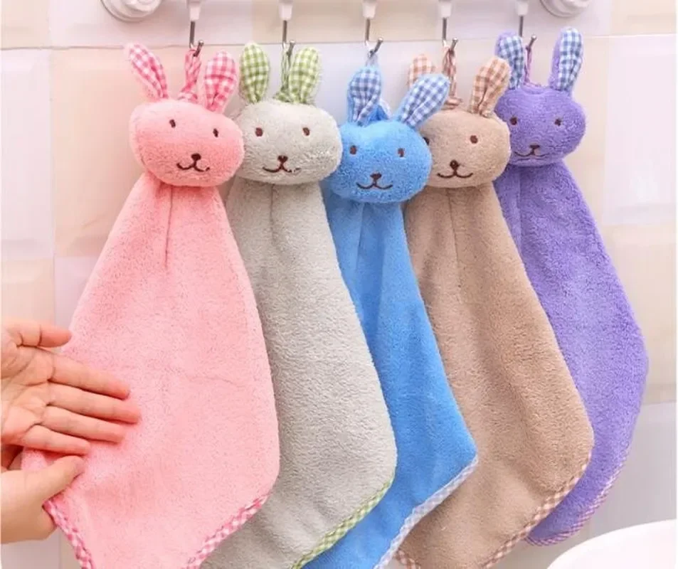 New Coral Velvet Hand Towel Cartoon Animal Rabbit Kitchen Hanging Bath Wipe Towel Washcloths Kids Handkerchief