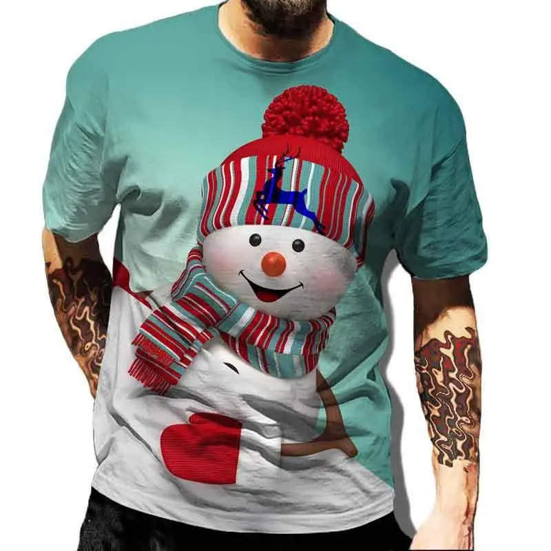 3D Christmas Snowflake and Snowman Print Men's Crew Neck T-Shirt, Outdoor Christmas Gift, Party Gift, Casual Short-Sleeve Top