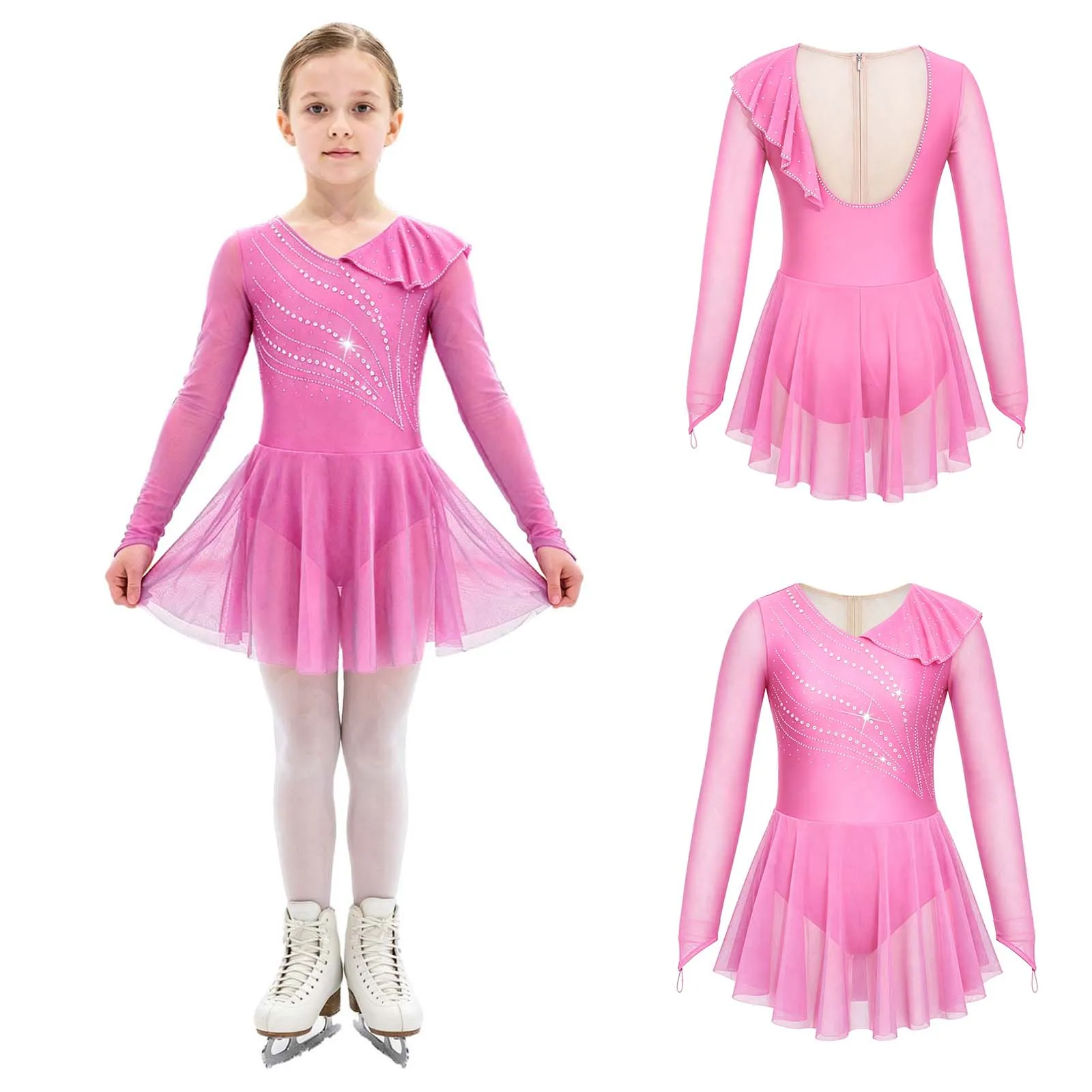 Girls Long Sleeve Shiny Rhinestone Figure Ice Skating Dress Children Mesh Splice Ballet Dance Dress Kids Ice Skating Costumes