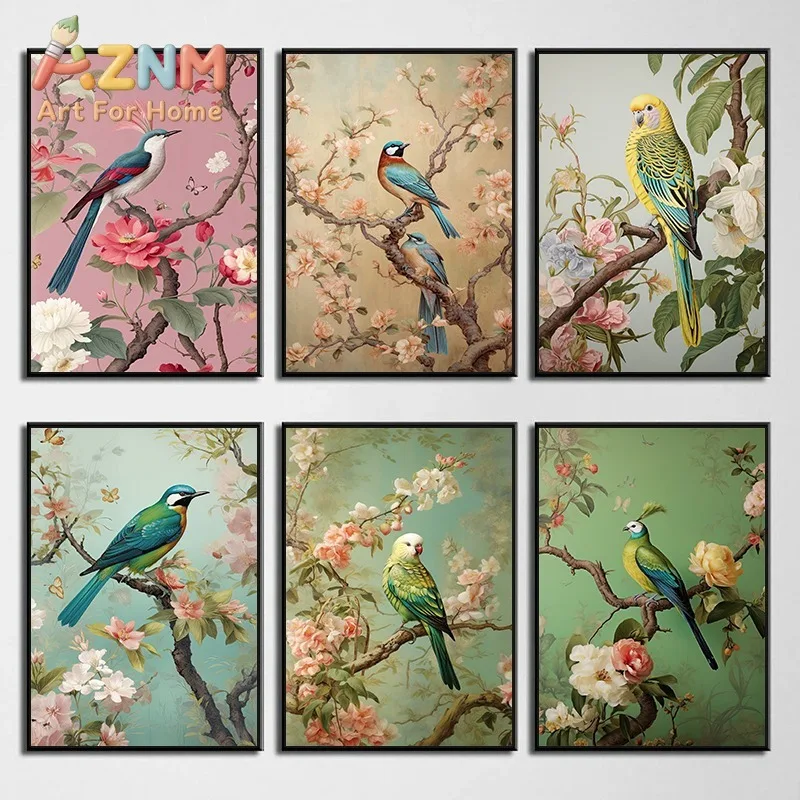 Traditional Chinoiserie Bird and Flower Budgie Heron Landscape Poster Canvas Printing Wall Art Pictures Home Interior Room Decor