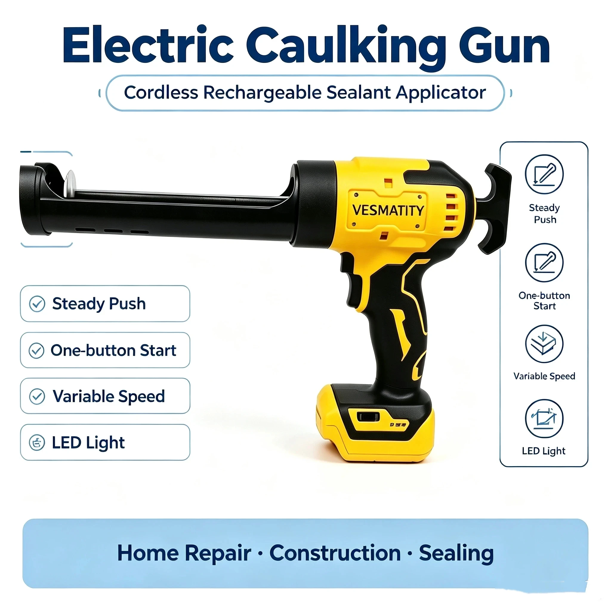 18V Cordless Caulking Gun Tool, Dripless Silicone Gun LED Light for Home DIY Wireless Glass Doors Windows Filling Sewing Gun