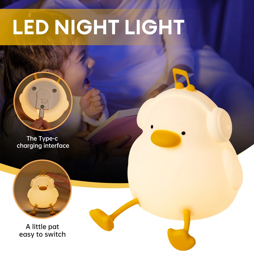 Cute Duck Silicone LED Night Light Pat Control Timing Night Lamp 3-Level Dimmable Bedroom Sleep Nightlight for Children