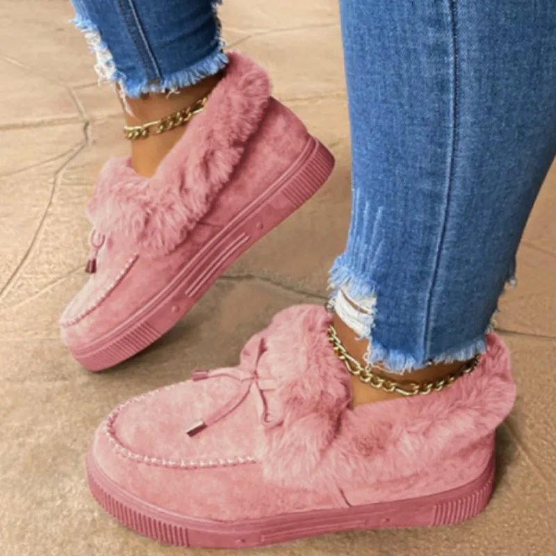 Cor sólida peludo feminino footwear inverno sapatos de algodão de pelúcia quente botas de neve senhoras casuais botas curtas planas 2023