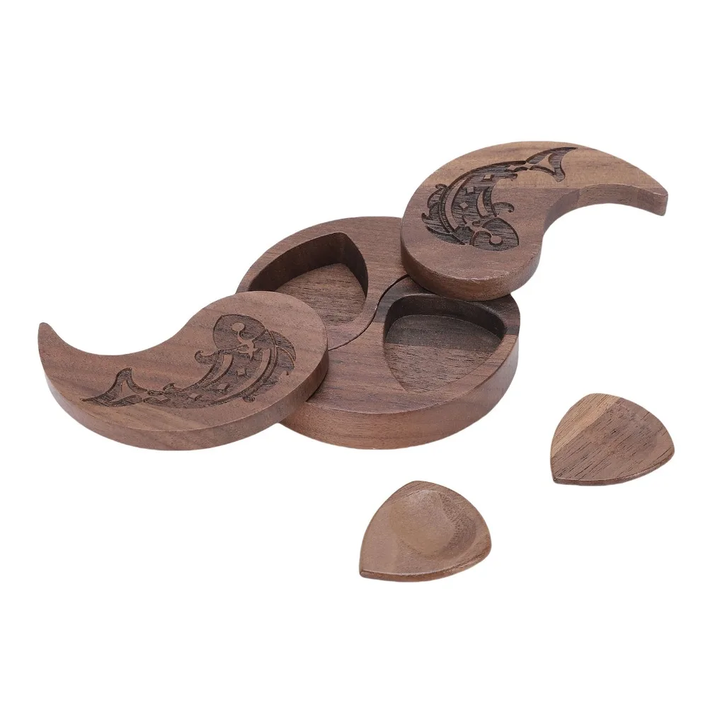 Stylish Walnut Wood Guitar Pick Storage Box Tai Chi Style Wood Color Wooden Guitar Pick Holder Walnut Pick Case For Guitar Picks
