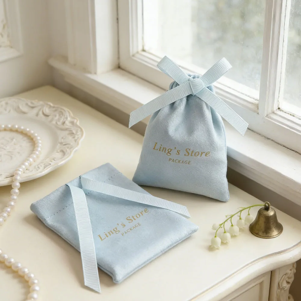 

100Pcs Personalized Logo Jewelry Flannel Bag with Ribbon Velvet Suede Gift Pouches for Wedding Candy Cosmetic Shopping Packaging