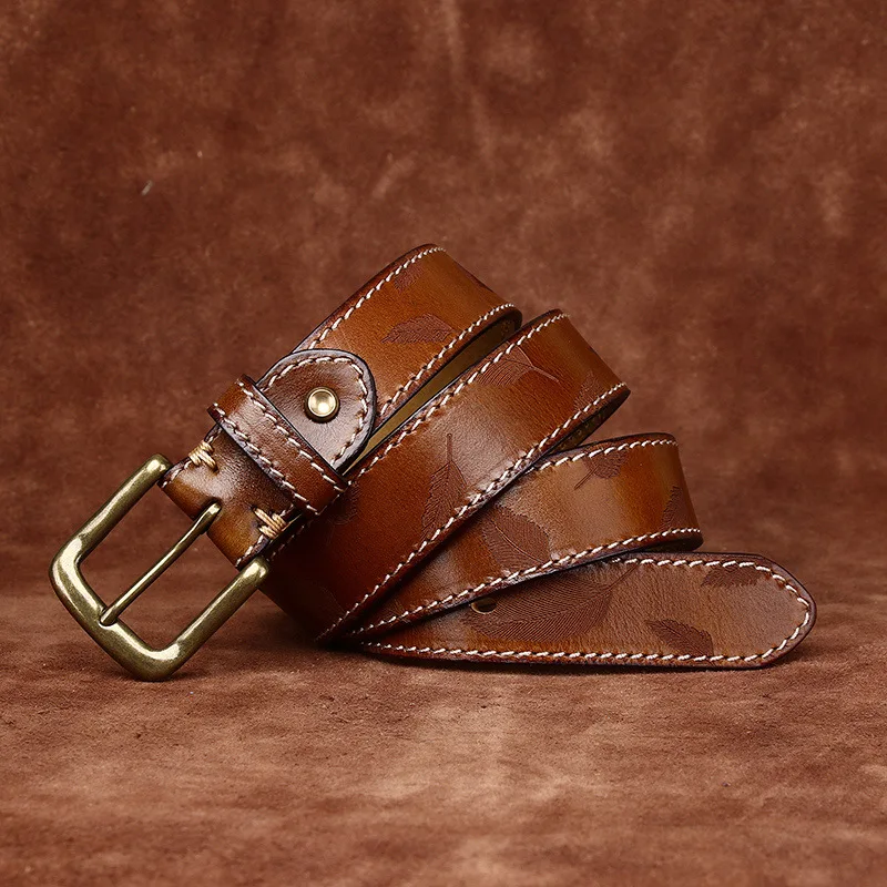 Retro Genuine Leather Men's Belt Pure Copper Button Western Cowboy Style Versatile Jeans Belt Fashion Luxury Men Belt