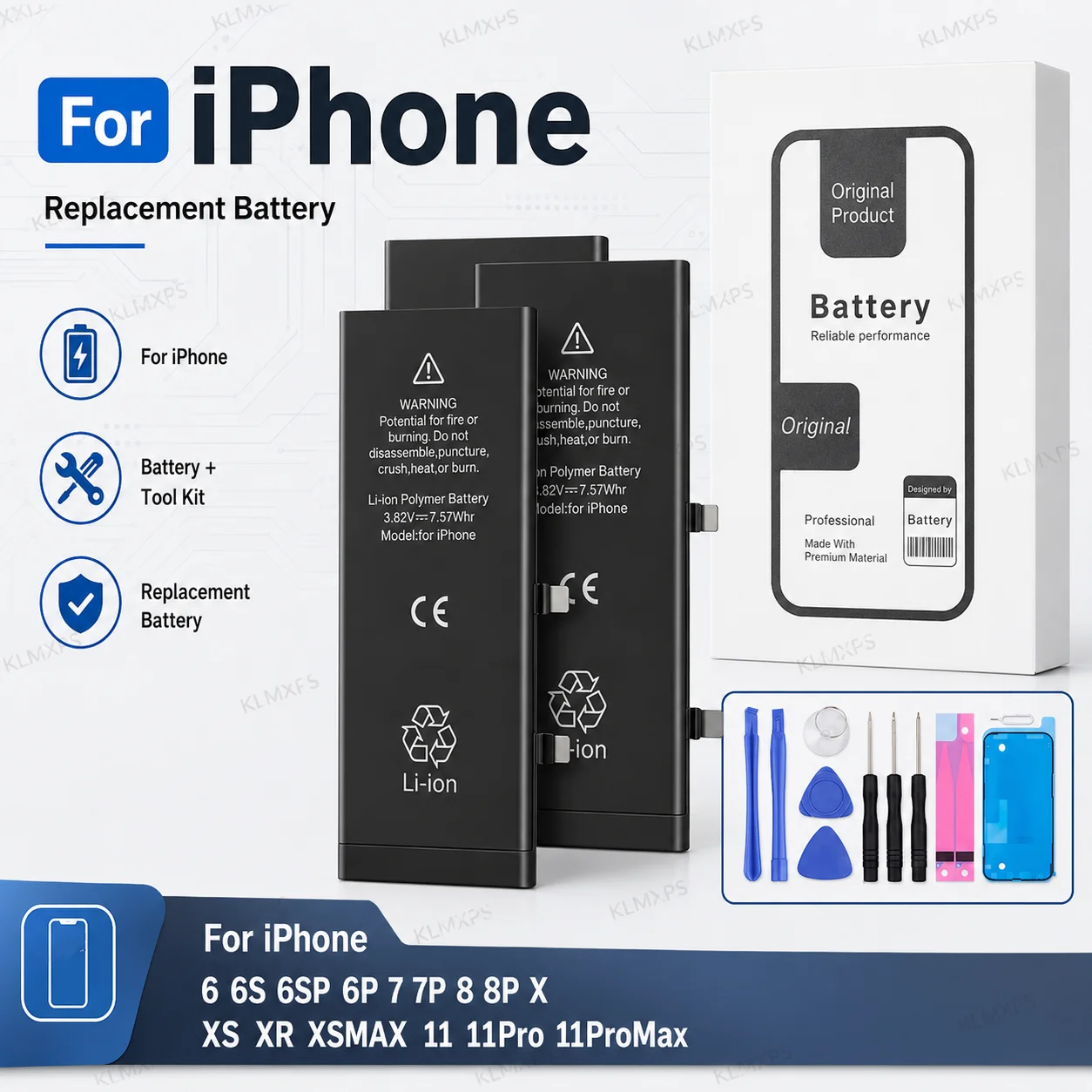 Battery for iPhone 6S 6 Plus 7 8 X XR XS Max 11 11 Pro Mobile Phone Replacement Cell High Capacity with Free Tools Set DIY