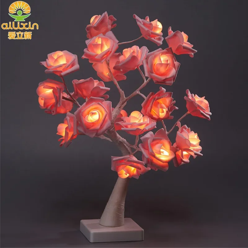 LED Rose Tree Light Pink Flower Desk Lamp Bedroom Decorative Lighting Valentine's Day Gift Indoor Table Night Light