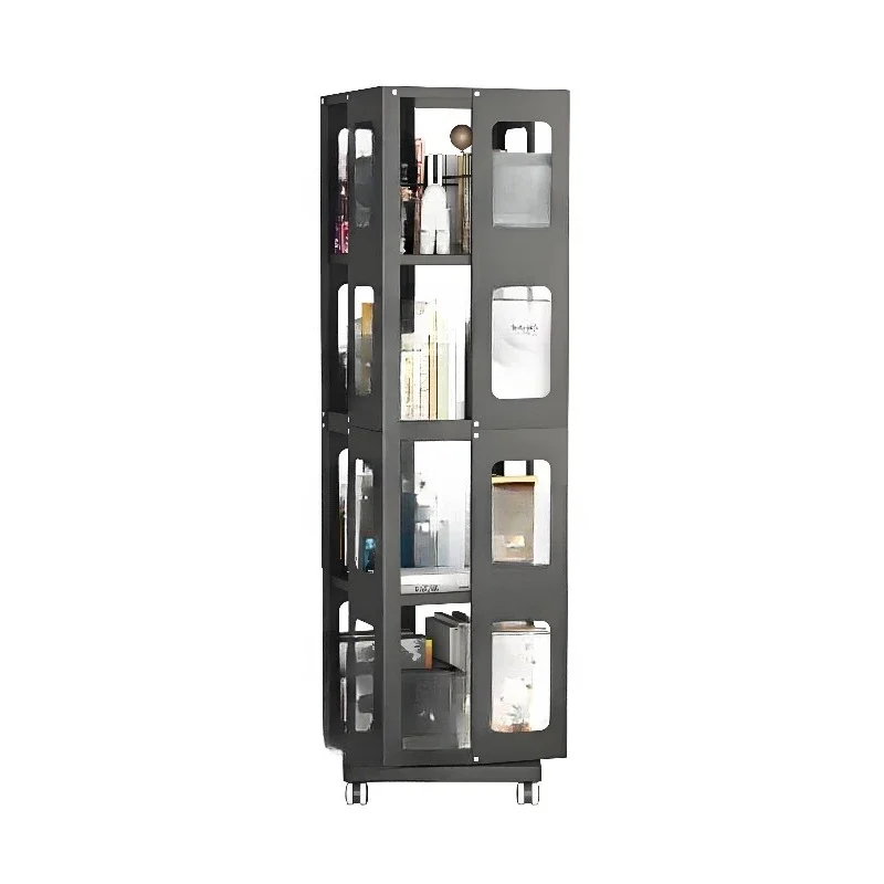 4-Layer steel rotating bookshelf with wheels Large size Sturdy and spacious bookshelf, easy to set up
