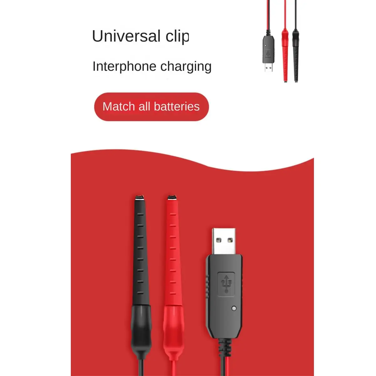 USB-Ladekabel, Zwei-Wege-Radio-Transceiver, Lade-Clip-Klemme mit Kontrollleuchte (3,4 V–7,4 V), ein Streifen