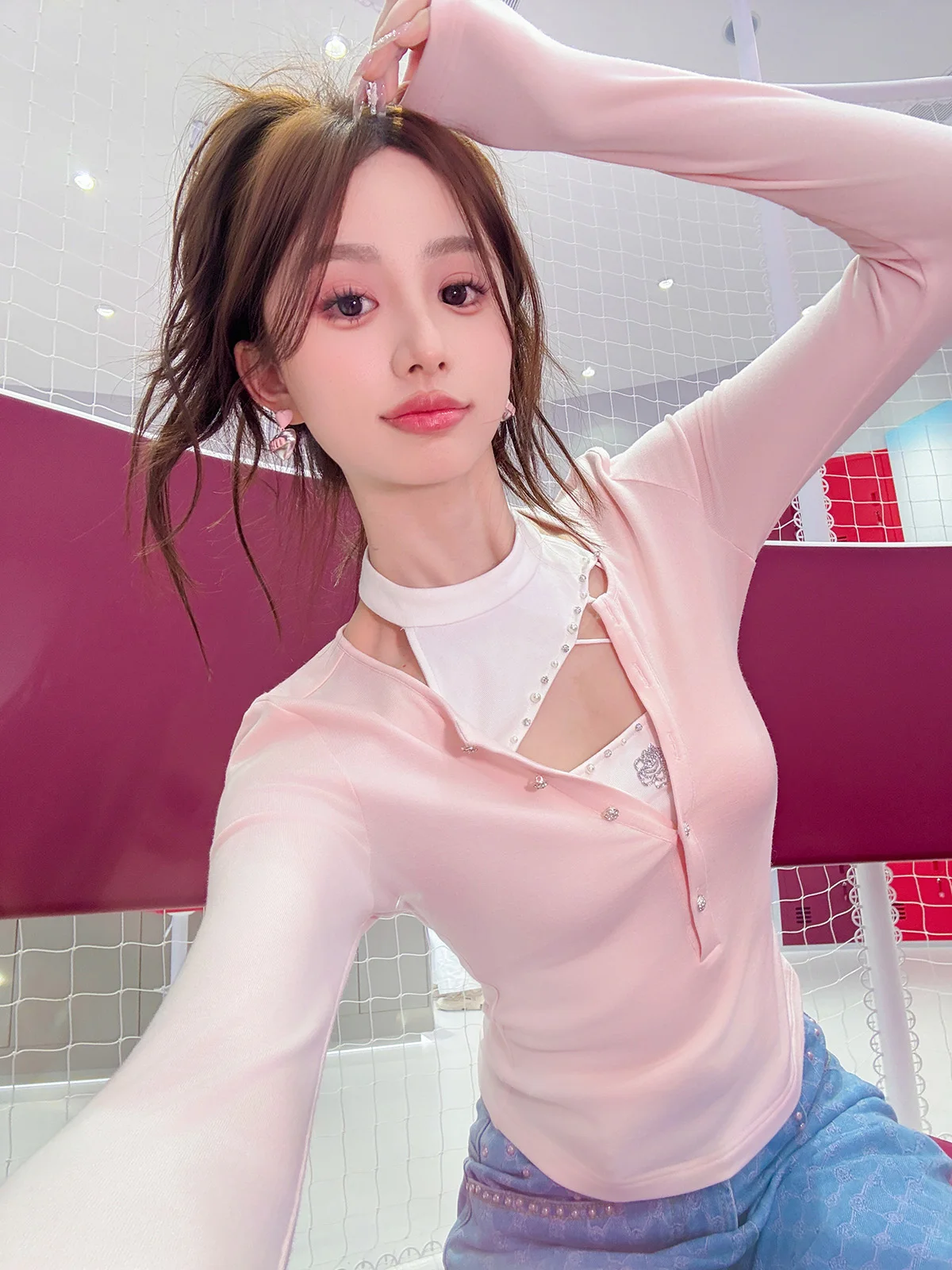 

Модная женская футболка с принтом «Сакура» и эффектом мусса, приталенная, с длинным рукавом, весна 2025, новинка, европейский стиль