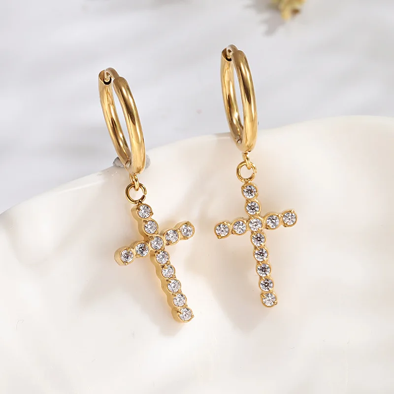 European and americanaccessible luxury micropaved zircon earrings for women stainless steel cross