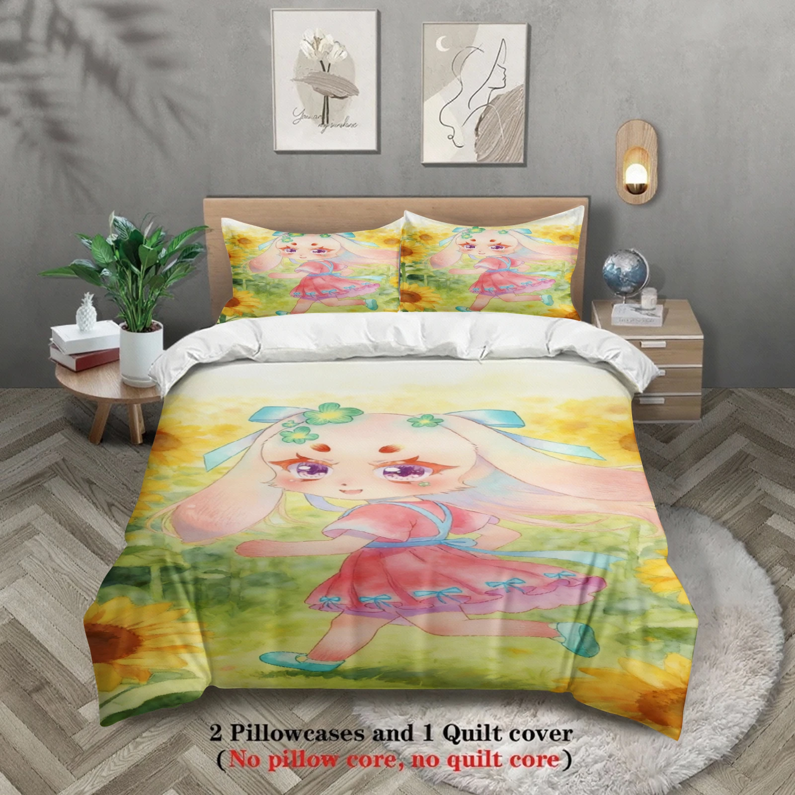 

Комплекты постельного белья Softville Cozy Town, 3 предмета, с принтом кролика Лоп на солнечном поле, пододеяльник без наполнителя, в мультяшном стиле, размеры Queen и King