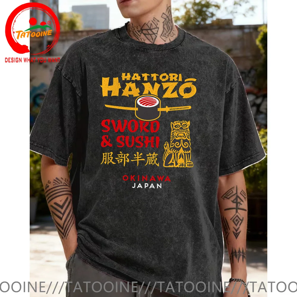 Vintage Washed Cotton T-Shirt Funny Designer Hattori Hanzo Swords And Sushi T Shirt Men Fashion Trendy  Casual Clothing Stylis