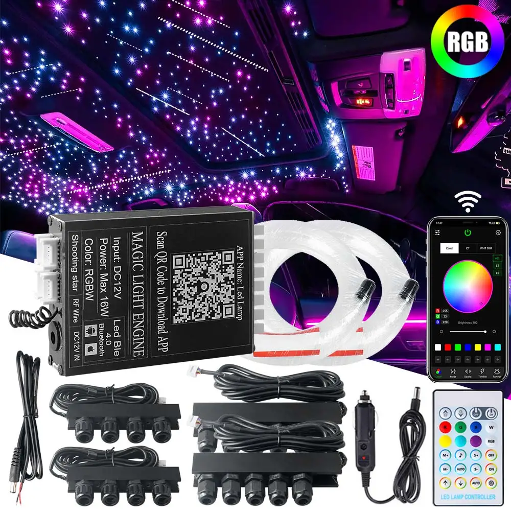 RGBW Car Roof Star Lights With Meteor LED Fiber Optic Star Ceiling Lights Kit APP Starry Sky Optical fiber Lighting Home Decor