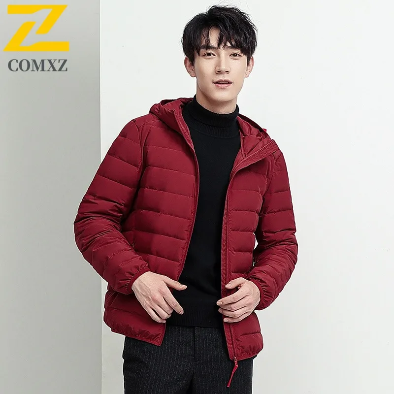 COMXZ Down Jacket Hooded Slim Fit Versatile Solid Color Warm Skiing Puffer Jacket Loose Minimalist Parker Coat Men's Clothing