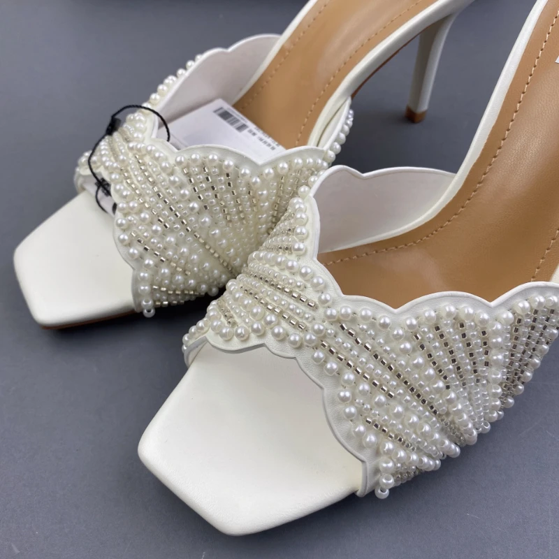 Pearl Beaded Women Mules Square Toe Stiletto High Heel Slides Elegant Sandals Summer Footwear for Wedding Party Daily Wear