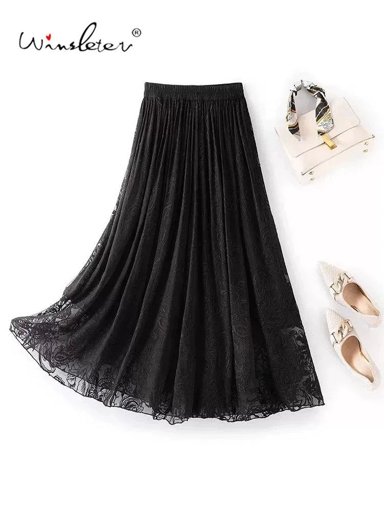 Winsleter-100%Real Silk Elegant Skirts, Elastic Waist Embroidery, Women Retro French Party A-line Skirt, 2026 Autumn B67905CC