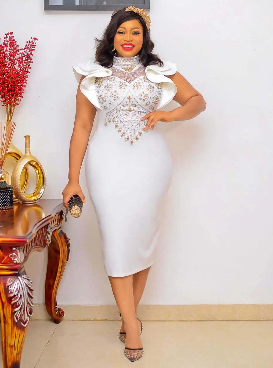 2022 Summer Elegent African Women Sleeveless Polyester White Knee-length Dress  African Dresses for Women S-3XL African Clothes